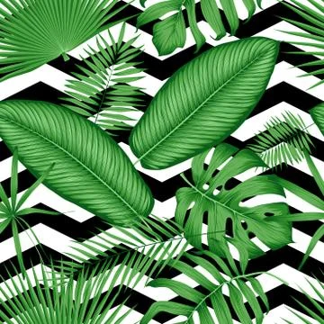Beautiful seamless vector floral pattern tropical jungle leaves on a geometri 스톡 일러스트