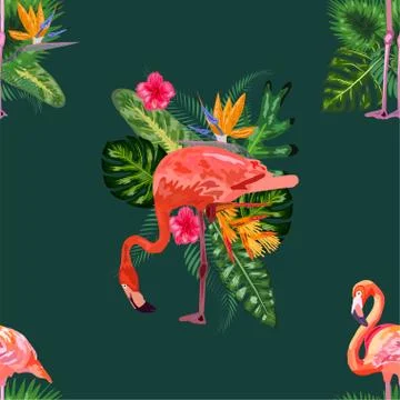 Beautiful seamless vector floral pattern background with pink flamingos, trop 스톡 일러스트
