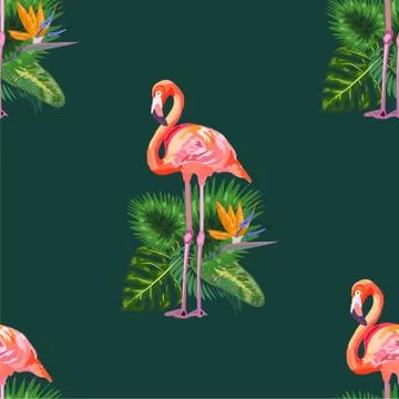 Beautiful seamless vector floral pattern background with pink flamingos, trop Illustrazione stock