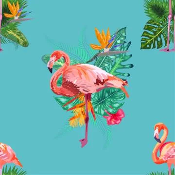 Beautiful seamless vector floral pattern background with pink flamingos, trop Illustrazione stock