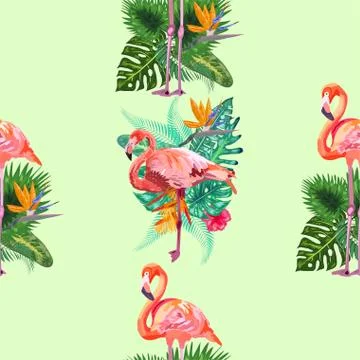 Beautiful seamless vector floral pattern background with pink flamingos, trop 스톡 일러스트