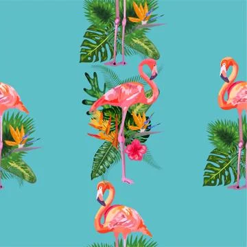 Beautiful seamless vector floral pattern background with pink flamingos, trop 스톡 일러스트
