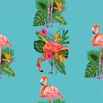Beautiful seamless vector floral pattern background with pink flamingos, trop Stock-Illustration