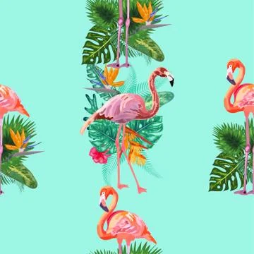 Beautiful seamless vector floral pattern background with pink flamingos, trop Illustrazione stock