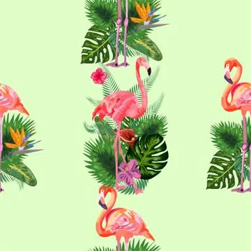 Beautiful seamless vector floral pattern background with pink flamingos, trop 스톡 일러스트