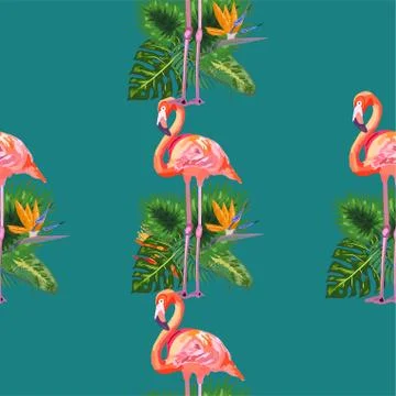 Beautiful seamless vector floral pattern background with pink flamingos, trop Illustrazione stock