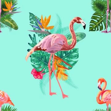 Beautiful seamless vector floral pattern background with pink flamingos, trop Illustrazione stock