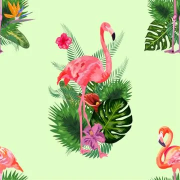 Beautiful seamless vector floral pattern background with pink flamingos, trop Stock-Illustration