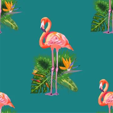 Beautiful seamless vector floral pattern background with pink flamingos, trop 스톡 일러스트