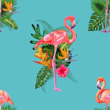 Beautiful seamless vector floral pattern background with pink flamingos, trop Illustrazione stock