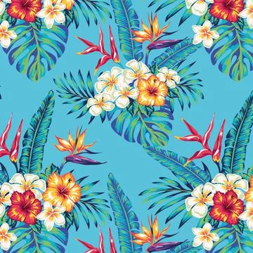 Beautiful seamless vector floral pattern, spring summer background with tropi Stock Illustration