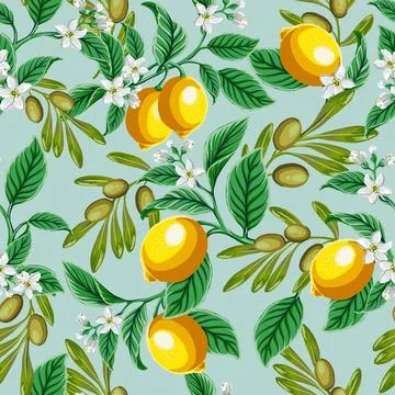 Beautiful seamless vector pattern with lemons and flowers. Abstract texture.. Stock Illustration