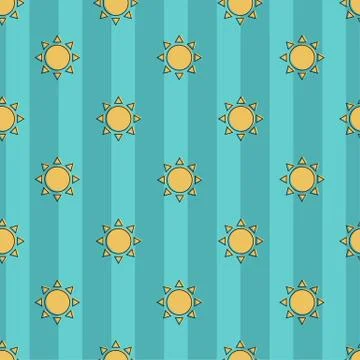 Beautiful seamless vector pattern of sun on a striped blue background. Stock Illustration