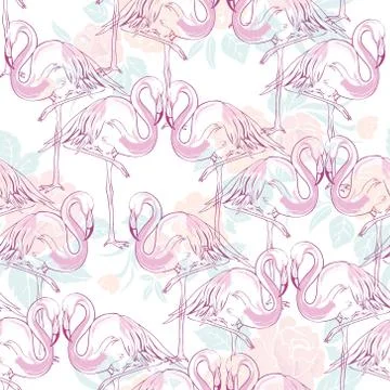 Beautiful seamless vector tropical pattern background with flamingo and hibis Illustrazione stock
