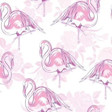 Beautiful seamless vector tropical pattern background with flamingo and hibis Illustrazione stock