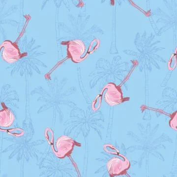 Beautiful seamless vector tropical pattern background with flamingo and hibis Stock Illustration