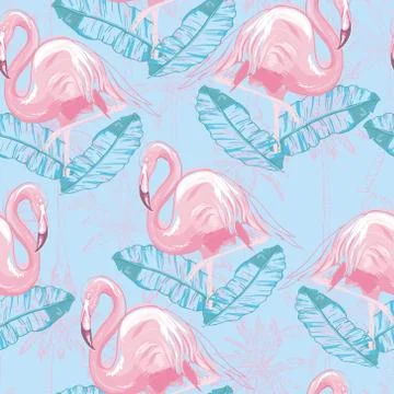 Beautiful seamless vector tropical pattern background with flamingo and hibis Illustrazione stock