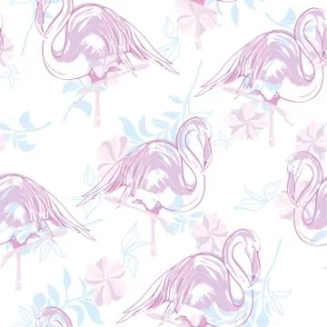 Beautiful seamless vector tropical pattern background with flamingo and hibis イラスト素材