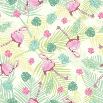 Beautiful seamless vector tropical pattern background with flamingo and hibis Illustrazione stock