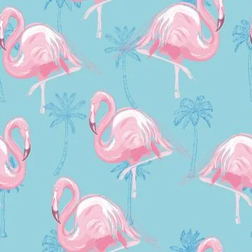 Beautiful seamless vector tropical pattern background with flamingo and hibis Stock Illustration