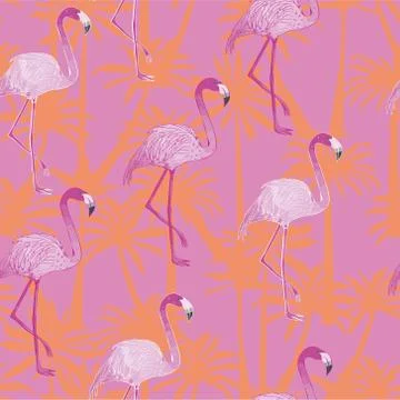 Beautiful seamless vector tropical pattern background with flamingo and hibis Stock Illustration