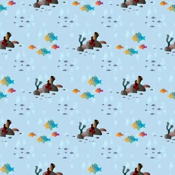 Beautiful seamless vector tropical pattern with fish and corals. Perfect for  Stock Illustration