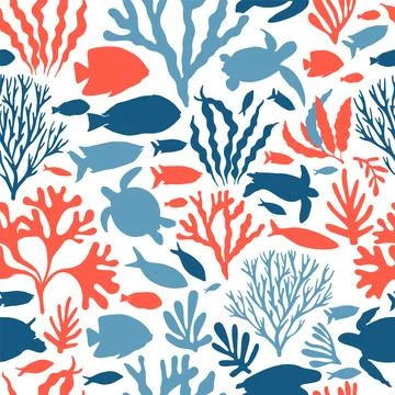 Beautiful seamless vector tropical pattern with corals, seaweed and fish. Per Illustrazione stock