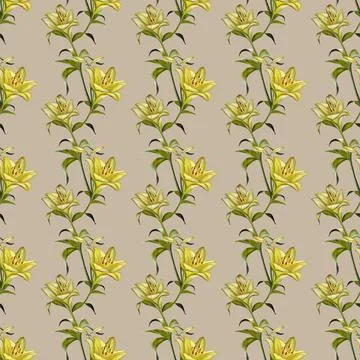 Beautiful seamless watercolor pattern featuring yellow lilies on a neutral .. Stock Illustration