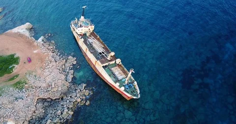 Beautiful seascape with old ship after the accident. Stock Footage 74775366