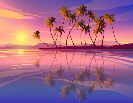 Beautiful seaside sunset. Decline, ocean, palm trees. Stock Illustration