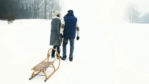 Beautiful senior couple on a walk pulling sledge, winter day. Stock Footage 80248940
