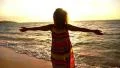 Beautiful Serene Woman Spreading Arms at Sunset. Slow Motion. HD Footage