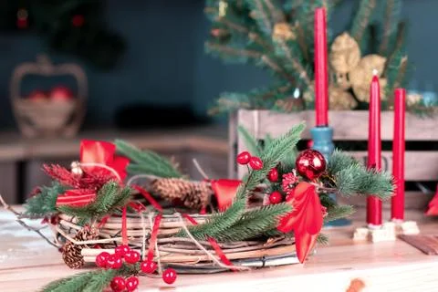Beautiful served dining table with decorations, red candles and lanterns, Chr Stock Photos