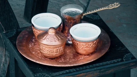 A beautiful set of copper coffee cups Vídeo Stock 91245771