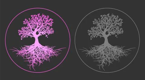 Beautiful set of life tree set pink gradient and gray tree silhouette with ro Stock Illustration