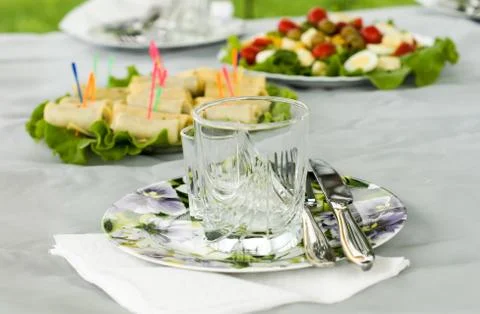 A beautiful set of snacks on the table during a picnic in nature Stock Photos