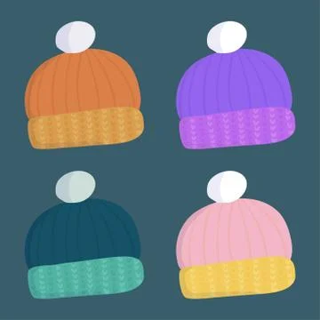 Beautiful set with warm wool winter hat for decoration design in cartoon style. Stock Illustration