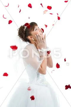 Beautiful sexy bride on floor among red rose petals Stock Photos