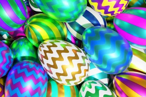 Beautiful shiny painted Easter eggs. Top view 3D rendering Illustrazione stock