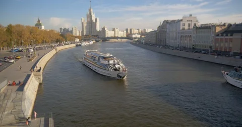 Beautiful ship goes down the River in the city Stock Footage 96586978