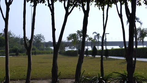 Beautiful shot of an empty garden with a bridge passing over the yamuna river Stock Footage 146034277