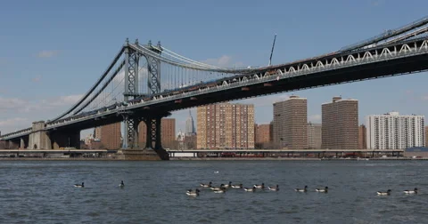Beautiful Shot Panoramic View NYC Cityscape Manhattan Bridge East River Skyline Stock Footage 44400652