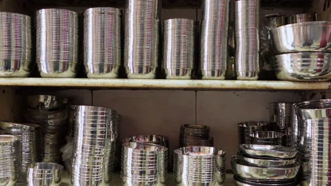 Beautiful shot of stack of plates and bowls at the utensils shop Stock Footage 147965723