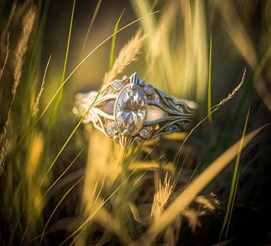 Beautiful silver Diamond Ring in tall grass Stock Illustration