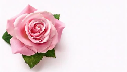 Beautiful single pink rose flower with leaves side top view isolated on whi.. Stock Photos