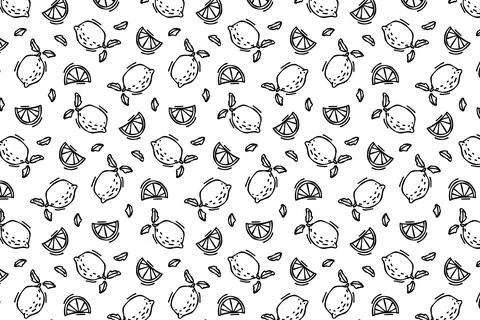Beautiful sketch of lemons, pattern on a white background. Line citrus draw.. 스톡 일러스트