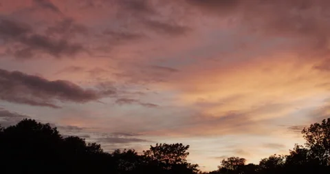 Beautiful sky with clouds and silhouettes of trees at sunset. Stock Footage 173418328