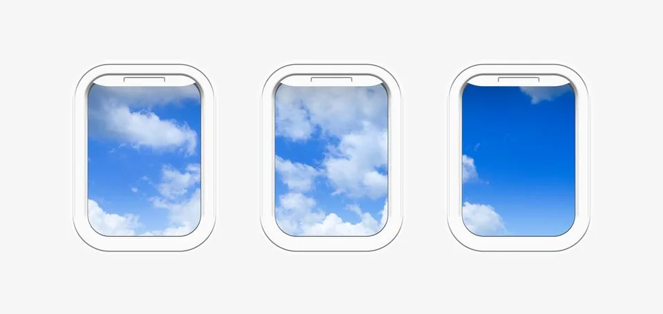 Beautiful sky with clouds, view through airplane windows in white sidewall .. Stock Illustration