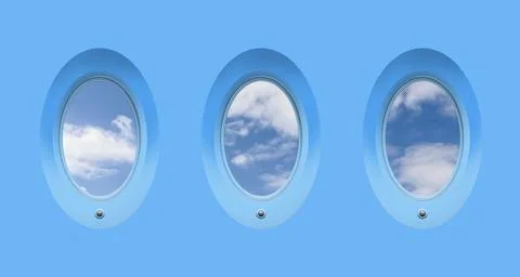 Beautiful sky with clouds, view through airplane windows in light blue side.. Stock Illustration