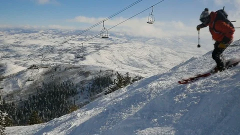 Beautiful slow motion close up shot of alpine skiing in the ski resort Stock-Footage 112019643